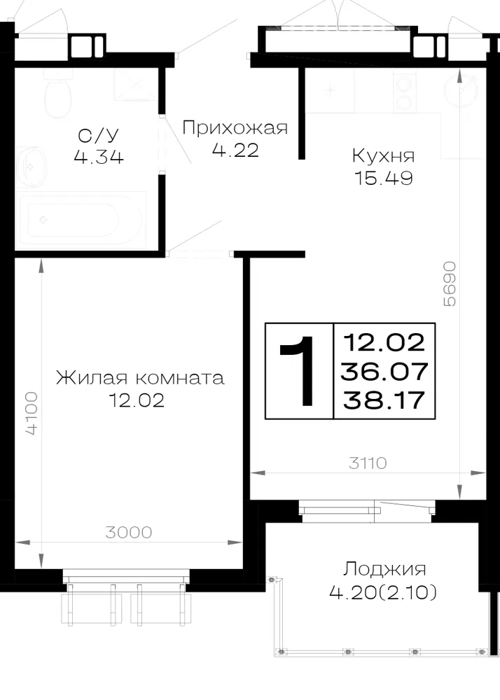 1-комн. 38.2 м²