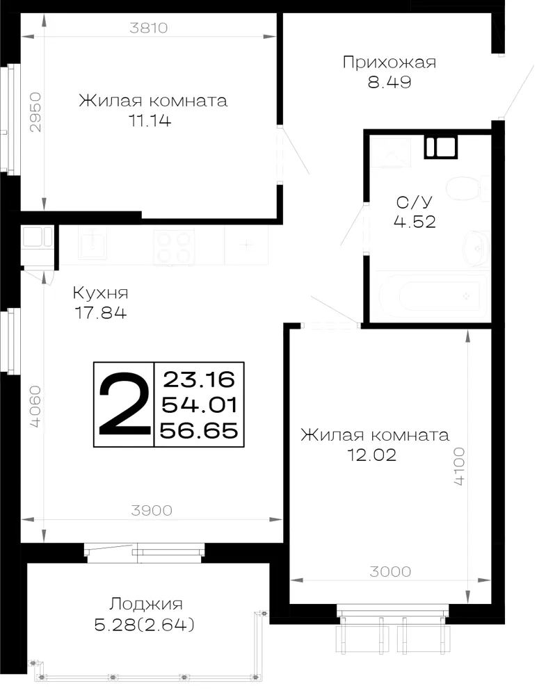 2-комн. 56.7 м²