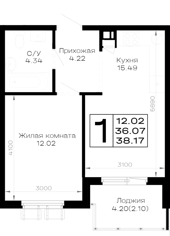 1-комн. 38.2 м²