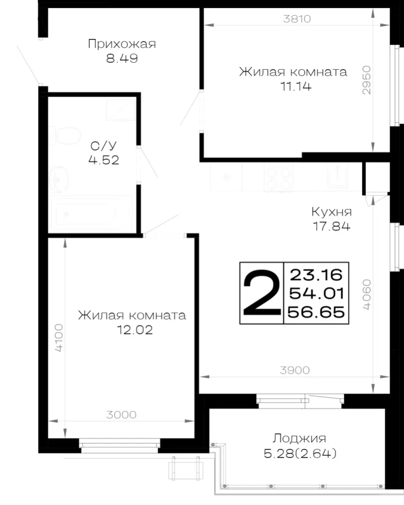 2-комн. 56.7 м²