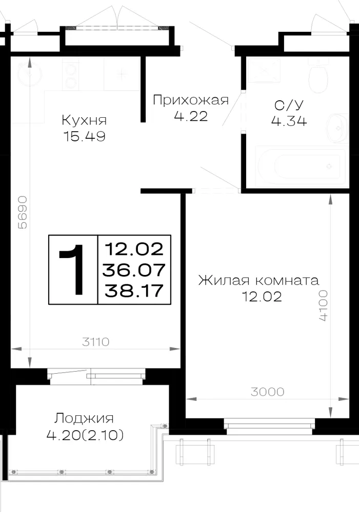 1-комн. 38.2 м²
