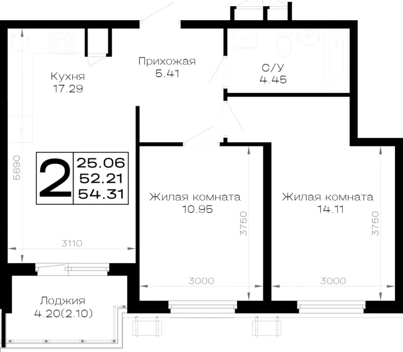 2-комн. 54.3 м²
