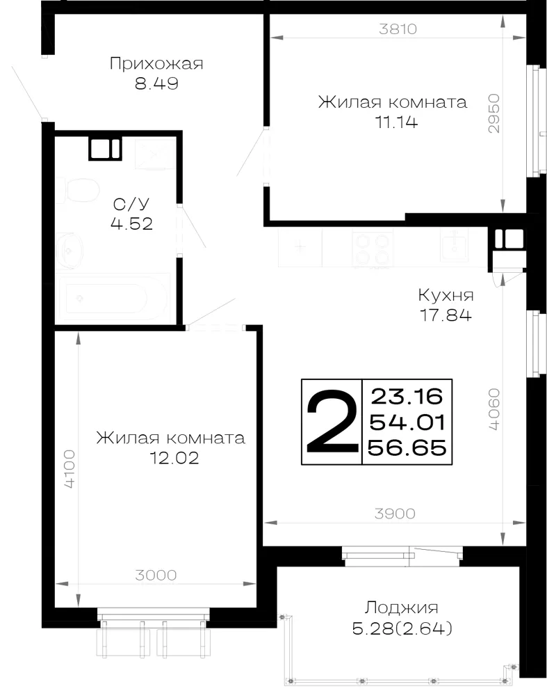 2-комн. 56.7 м²