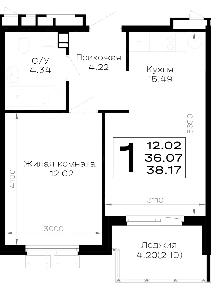 1-комн. 38.2 м²