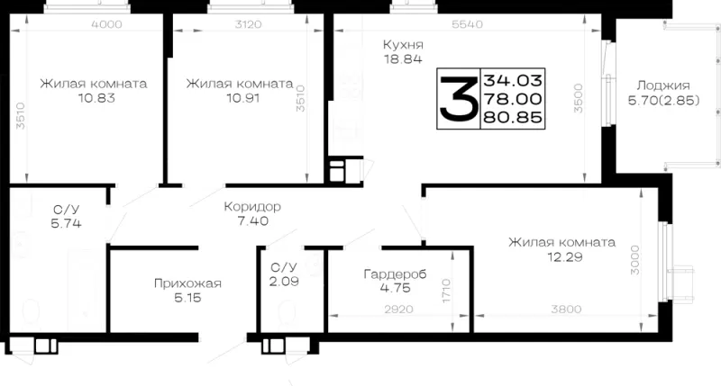 3-комн. 80.9 м²