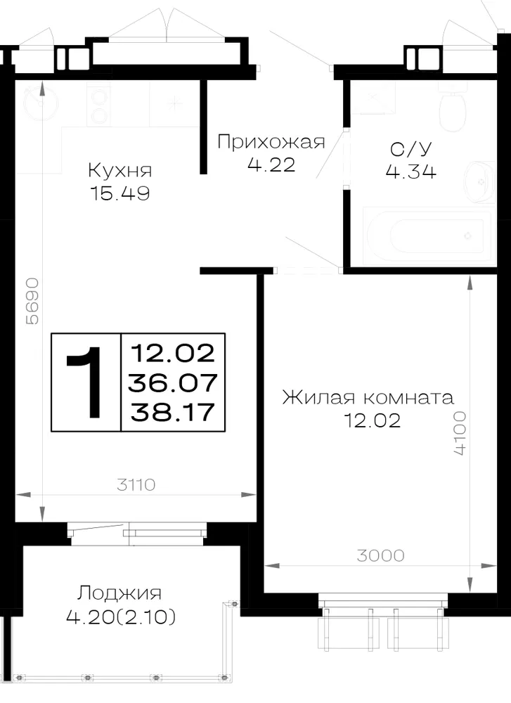 1-комн. 38.2 м²