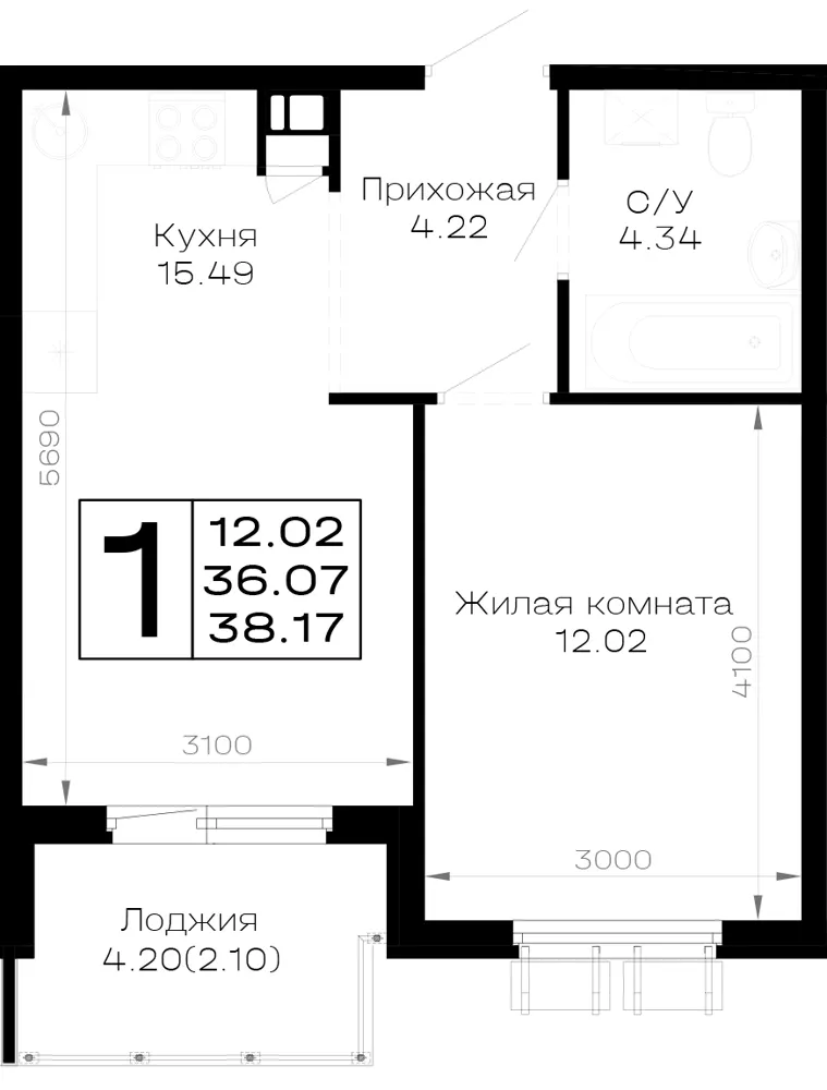 1-комн. 38.2 м²