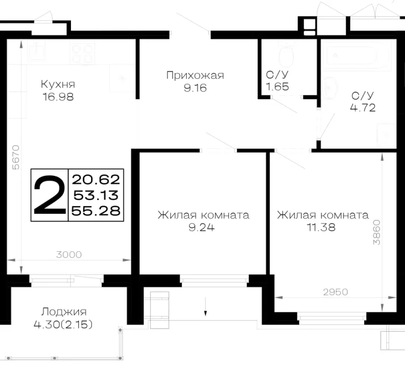 2-комн. 55.3 м²
