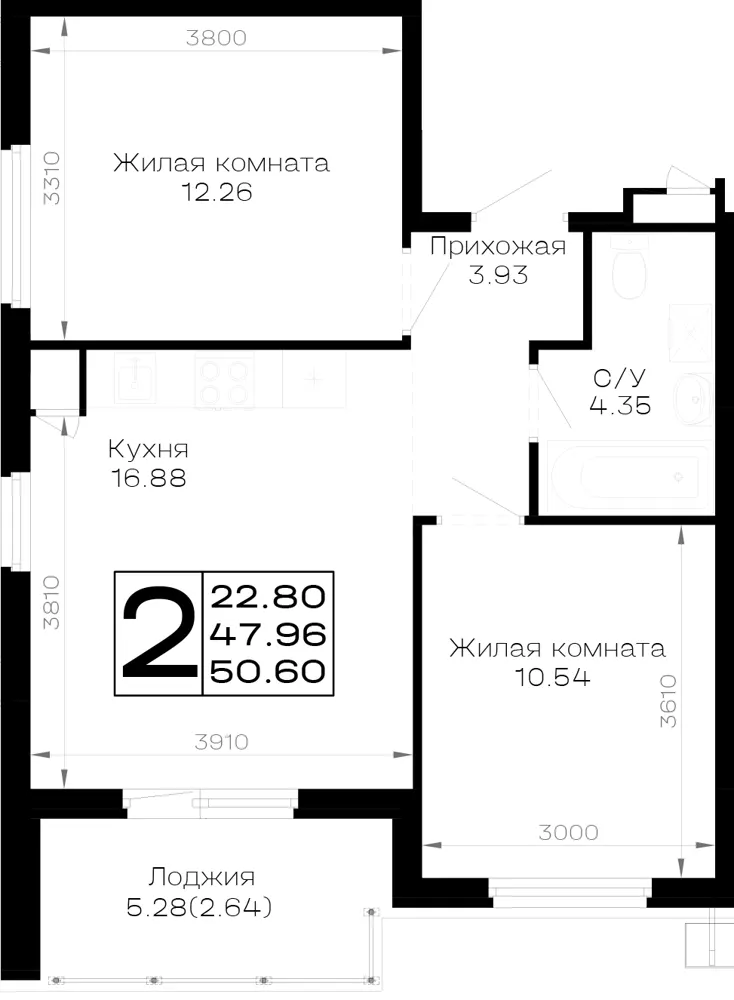 2-комн. 50.6 м²