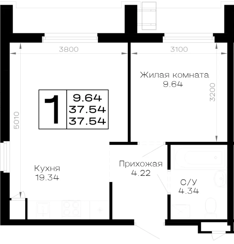 1-комн. 37.5 м²