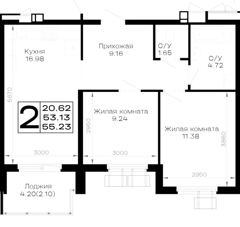 2-комн. 55.2 м²
