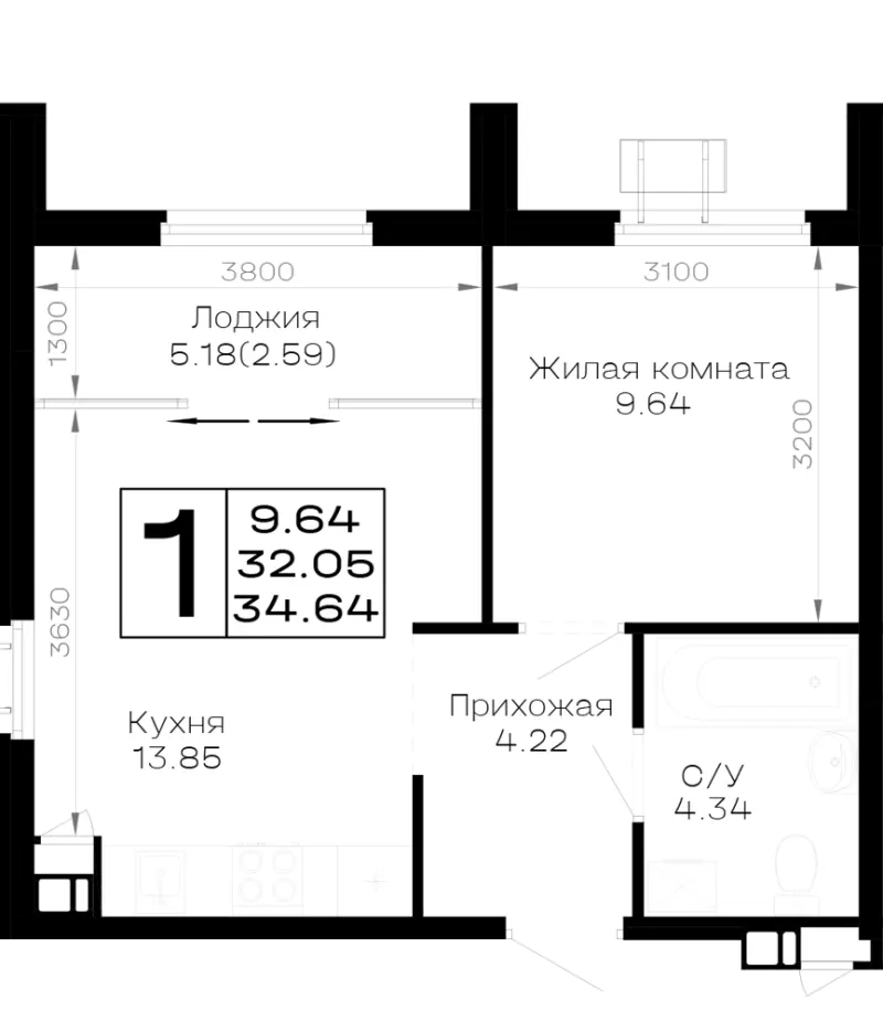 1-комн. 34.6 м²