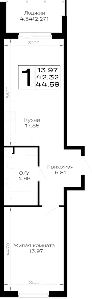 1-комн. 44.6 м²