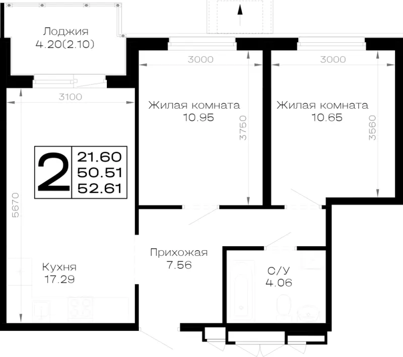 2-комн. 52.6 м²