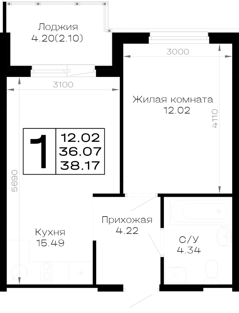 1-комн. 38.2 м²