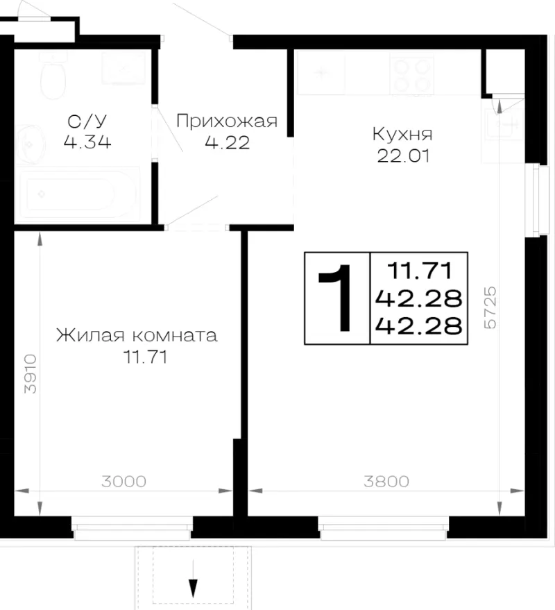 1-комн. 42.3 м²