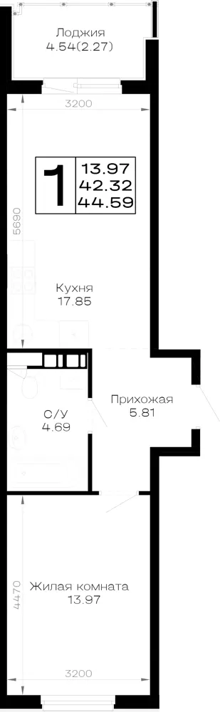 1-комн. 44.6 м²