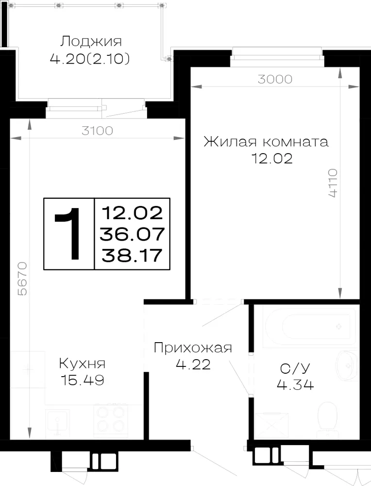 1-комн. 38.2 м²