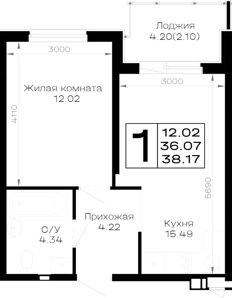 1-комн. 38.2 м²