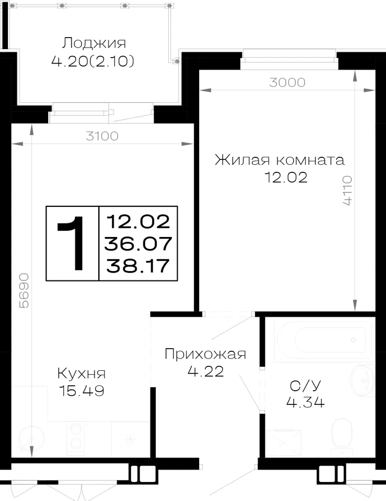 1-комн. 38.2 м²