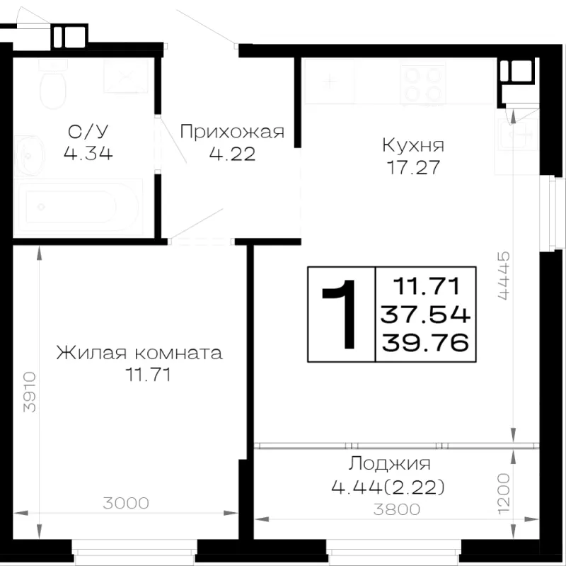 1-комн. 39.8 м²
