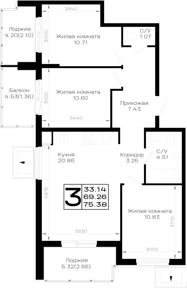 3-комн. 75.4 м²