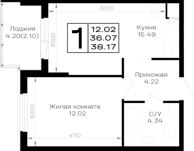 1-комн. 38.2 м²