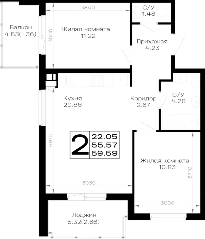 2-комн. 59.6 м²