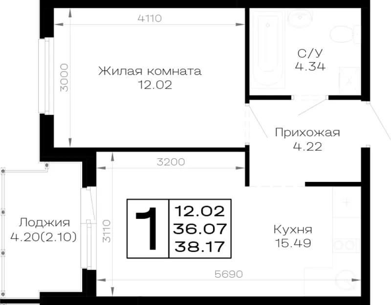 1-комн. 38.2 м²