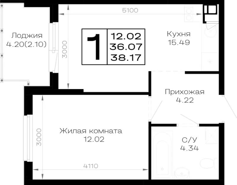 1-комн. 38.2 м²