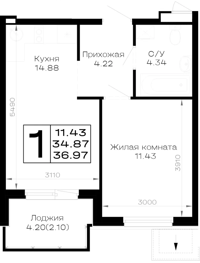 1-комн. 37 м²