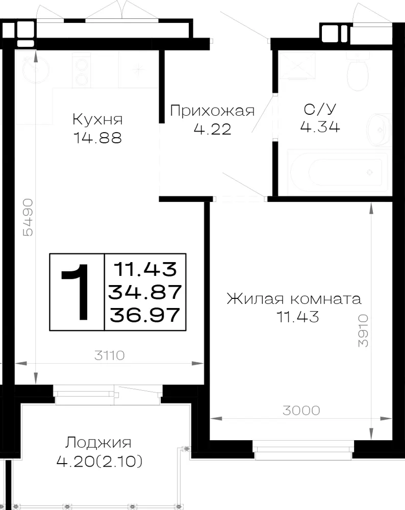 1-комн. 37 м²