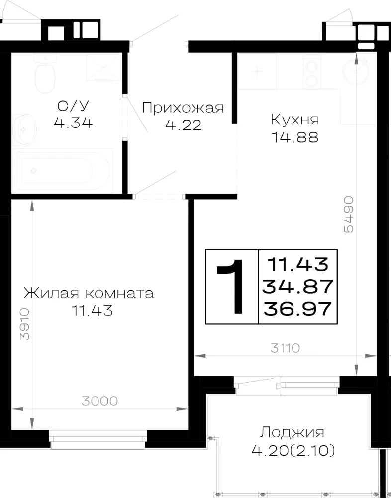 1-комн. 37 м²