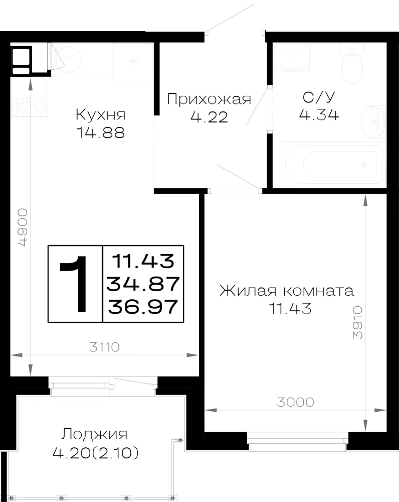 1-комн. 37 м²