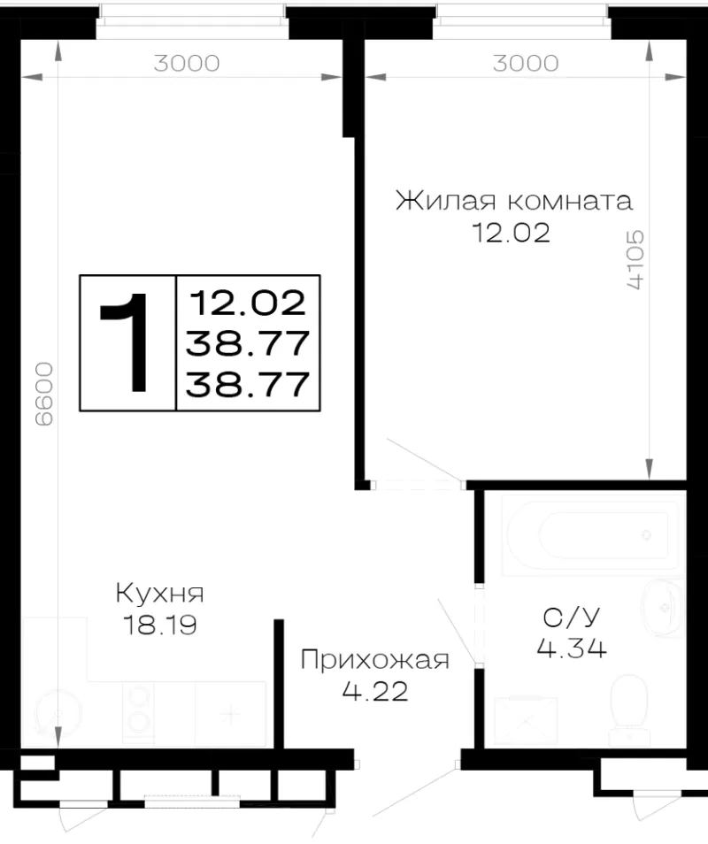 1-комн. 38.8 м²