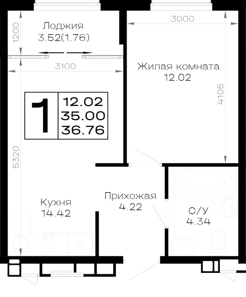 1-комн. 36.8 м²