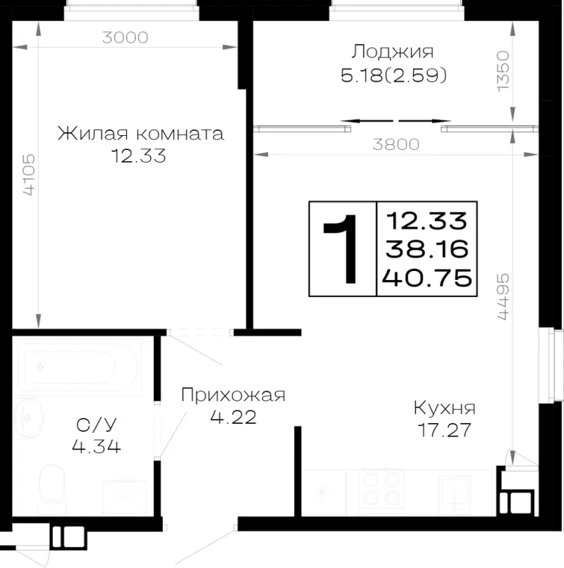 1-комн. 40.8 м²