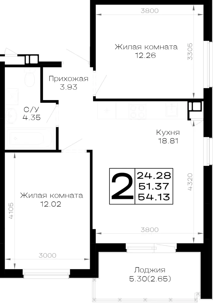 2-комн. 54.1 м²