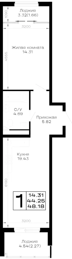 1-комн. 48.2 м²