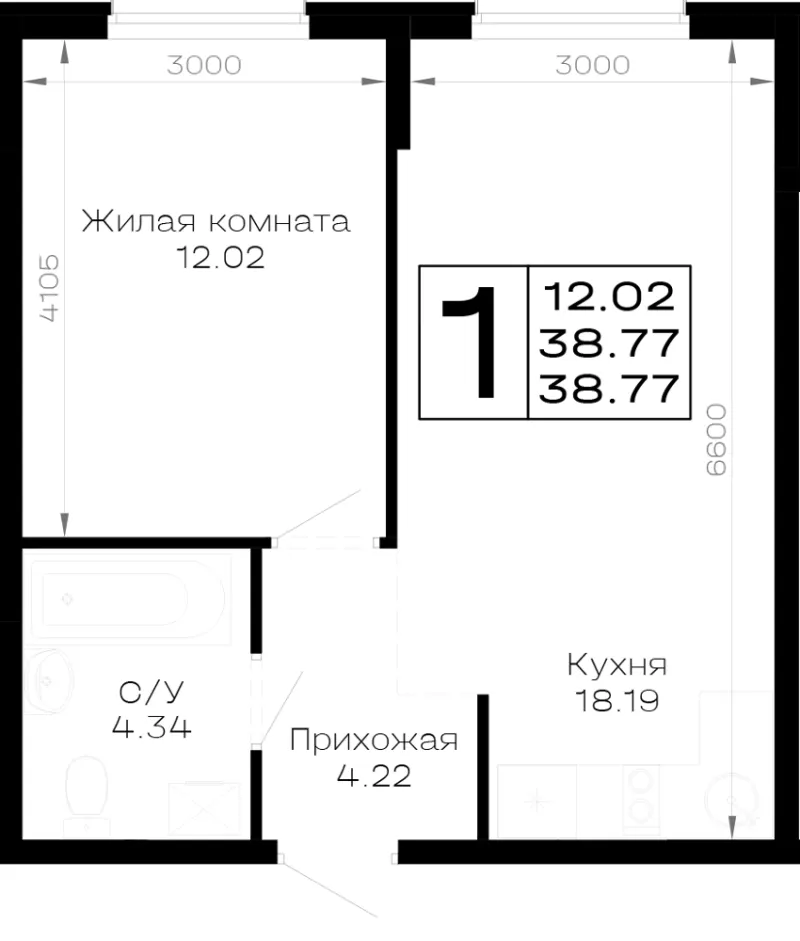 1-комн. 38.8 м²