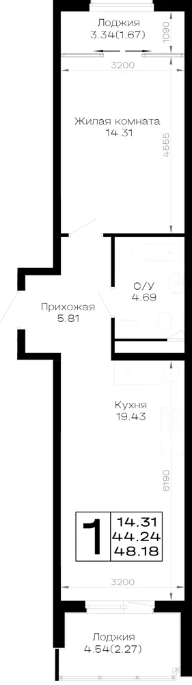 1-комн. 48.2 м²