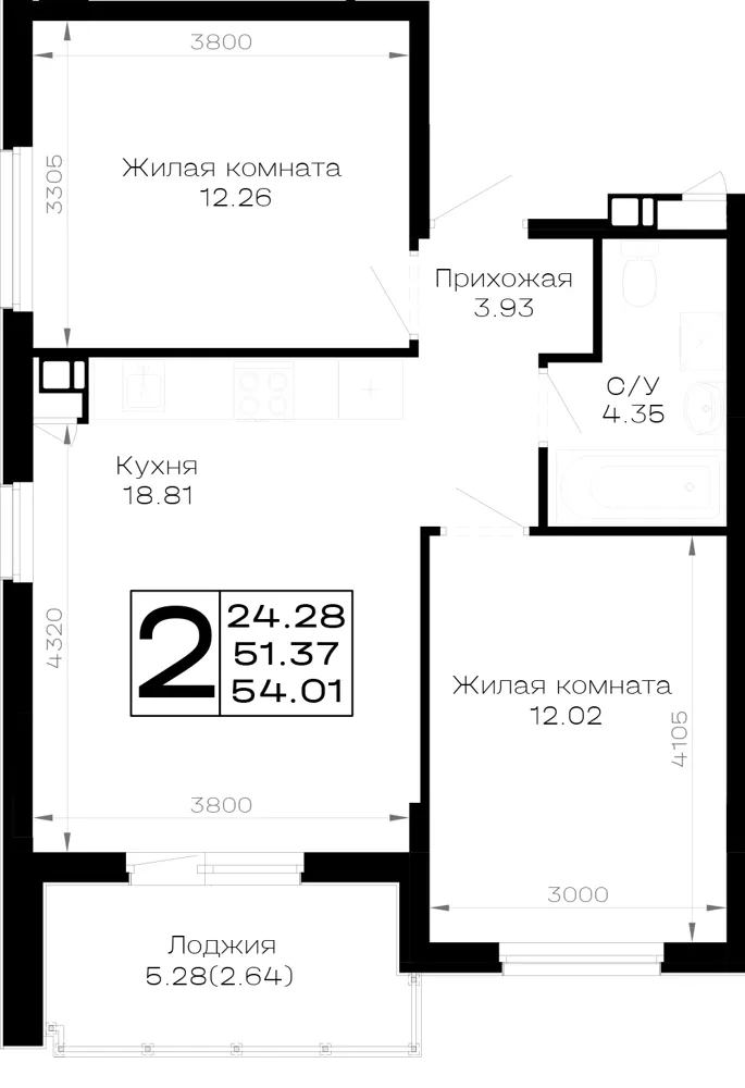 2-комн. 54 м²