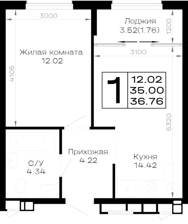 1-комн. 36.8 м²