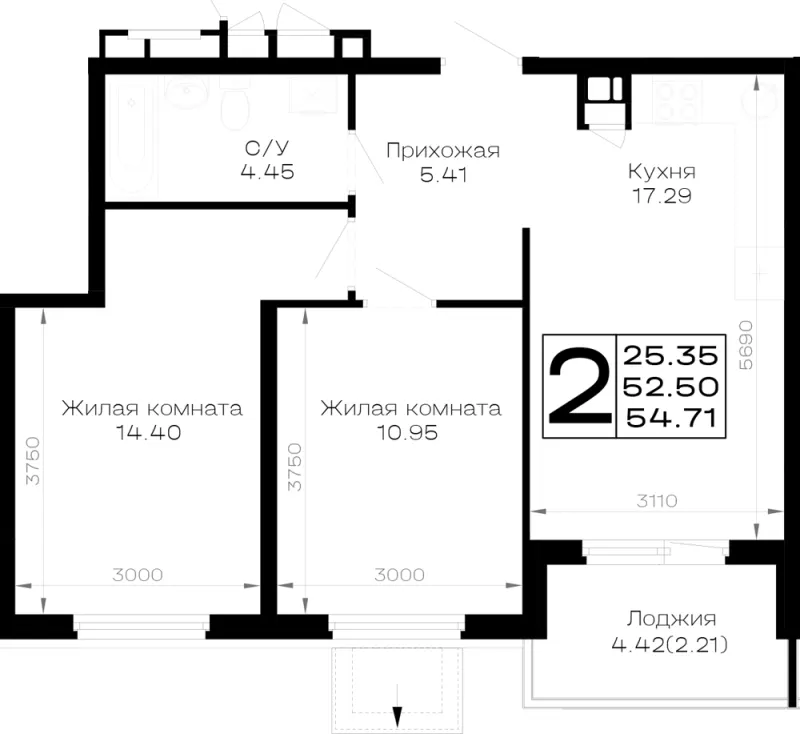 2-комн. 54.7 м²