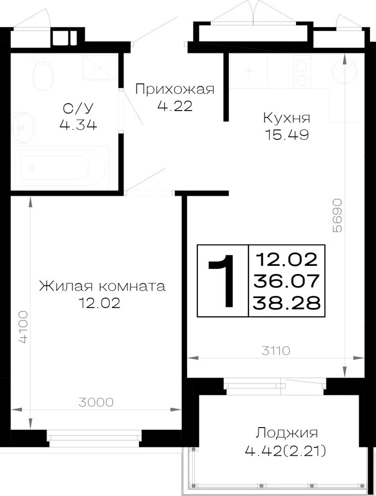 1-комн. 38.3 м²