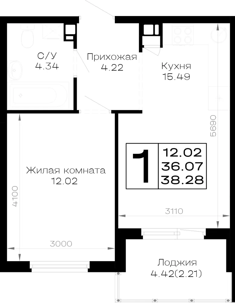 1-комн. 38.3 м²