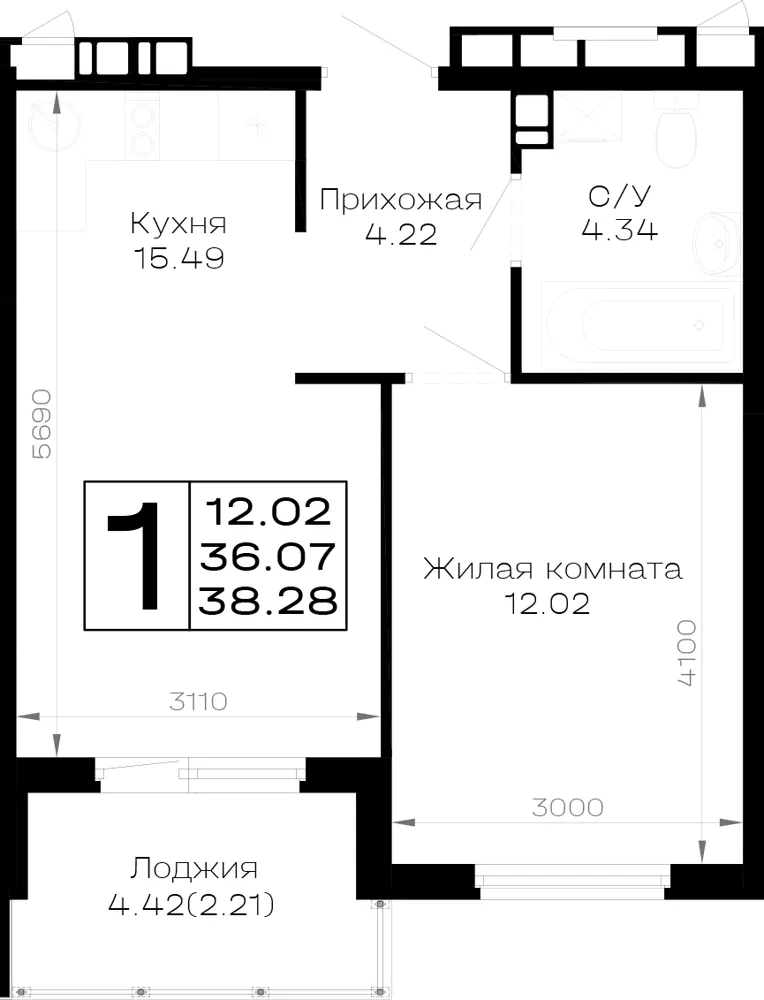 1-комн. 38.3 м²