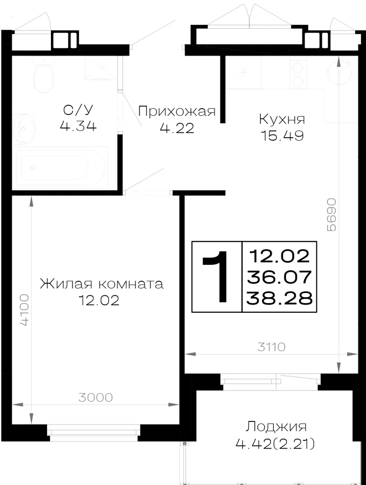 1-комн. 38.3 м²