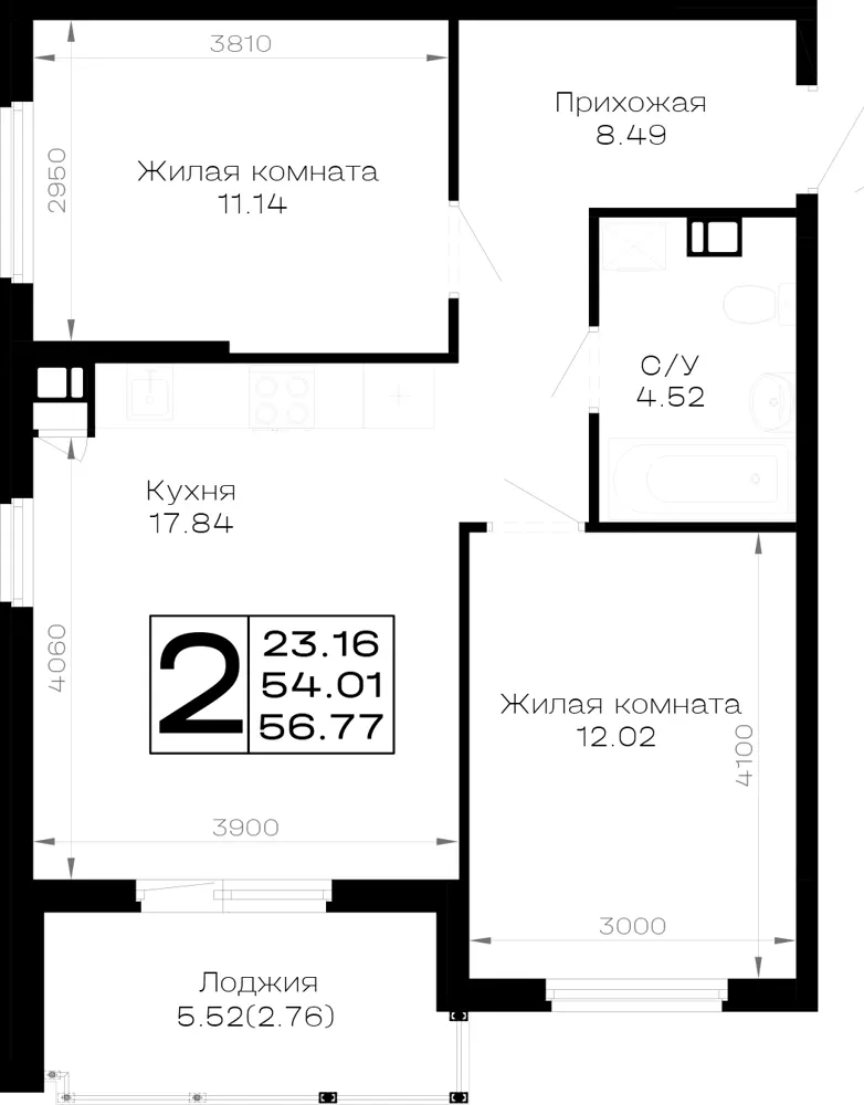 2-комн. 56.8 м²