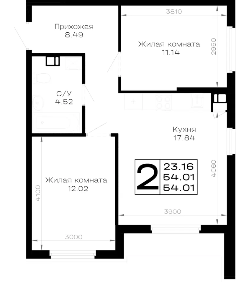 2-комн. 54 м²